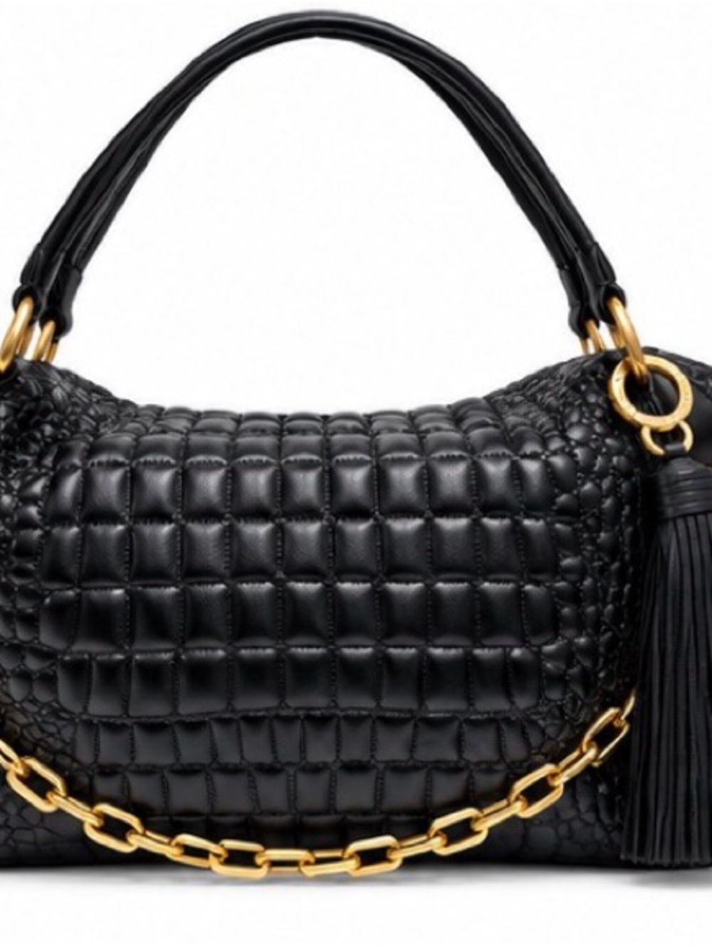 Donna Karan Black Quilted Shoulder Bag with Gold Chain and Tassel